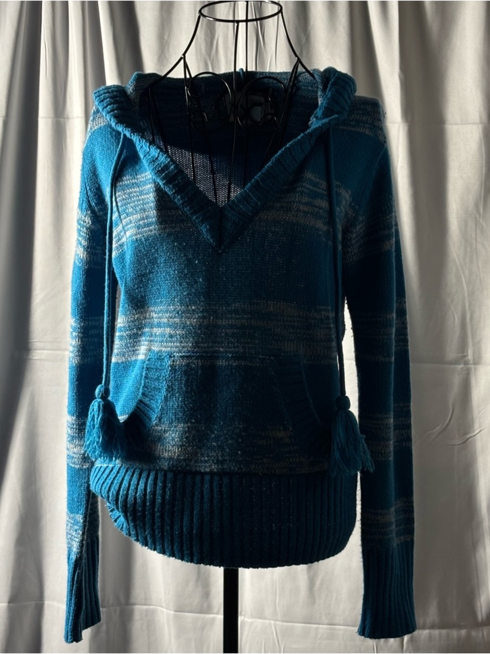 OP Teal Blue V-Neck Hooded Sweater with Tassel Drawstrings